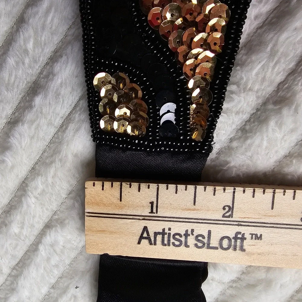 Womens Sequin Beaded Elastic Waist Belt M/L Black Gold Art Deco Flapper Gatsby